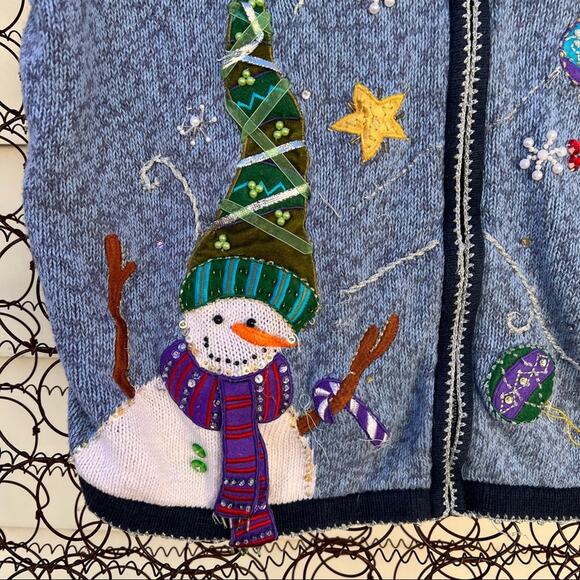 Vintage Ugly Christmas Zip Up Cardigan featuring snowman and a winter flurry - Picture 4 of 7